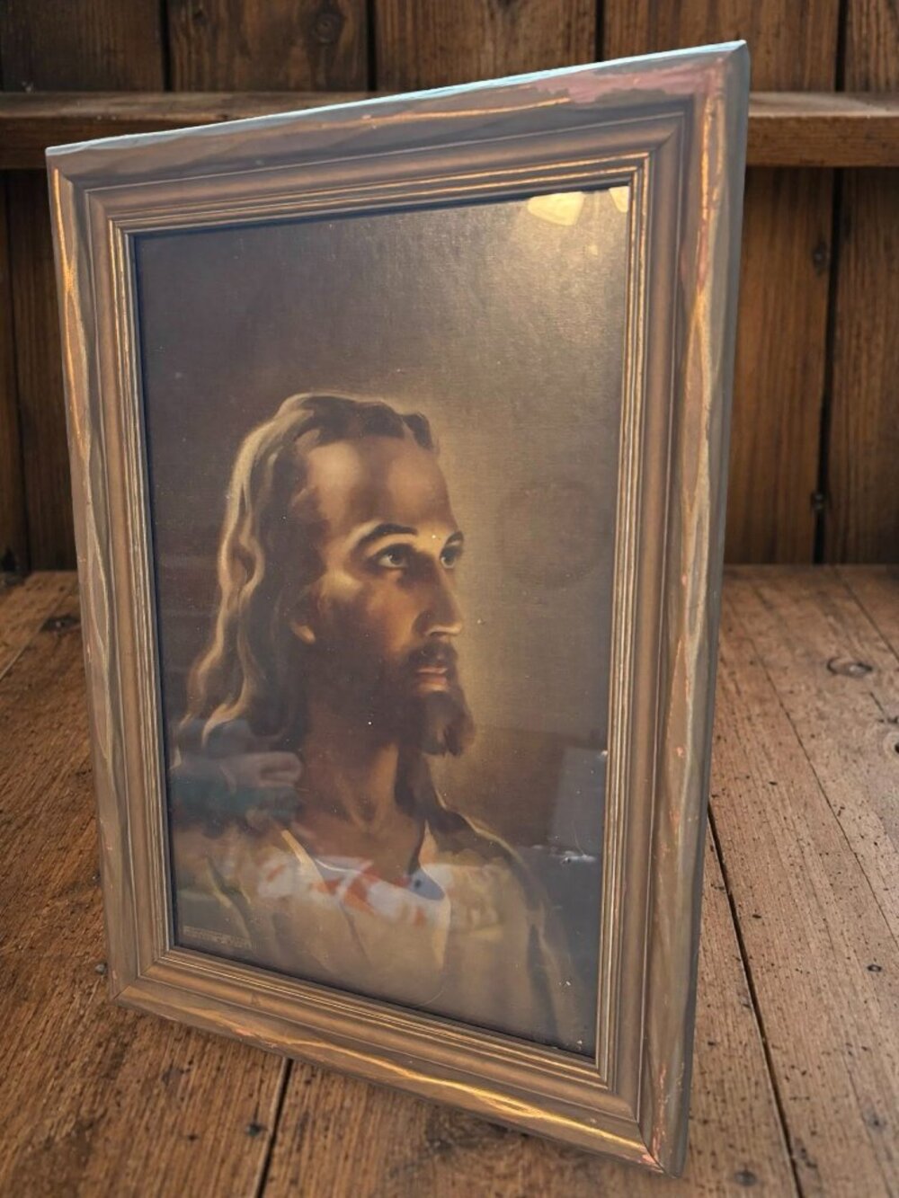 1941 Framed Jesus Portrait Print by Kriebel & Bates | Vintage Christian Wall Art - Picture 3 of 7
